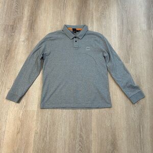 BOSS Men's Long-Sleeve Grey Polo with Subtle Logo